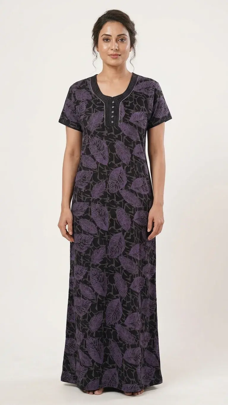 Leaf Printed Full-Length Night Gown